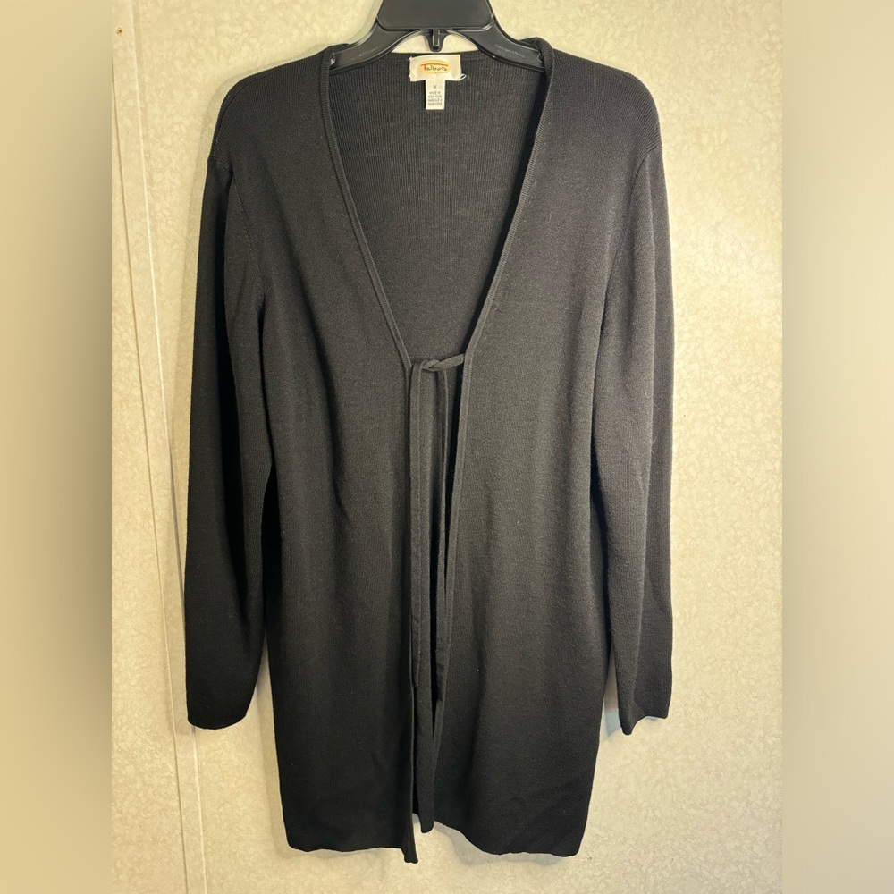 Vintage Talbots Black Minimalist Wool Blend Long Cardigan Open Front Duster Tie